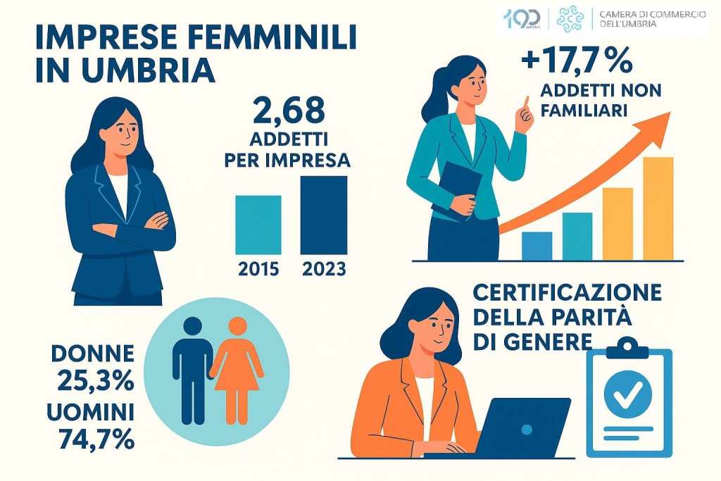Grafico informativo sulle imprese femminili in Umbria, evidenziando statistiche chiave come 2,68 addetti per impresa nel 2023 e un aumento del 17,7% degli addetti non familiari. Include anche la percentuale di imprenditrici donne (25,3%) rispetto agli uomini (74,7%) e il tema della certificazione della parità di genere.