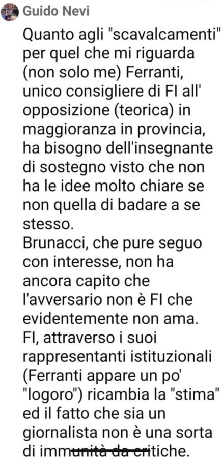 Screenshot di un post di Guido Nevi su Facebook riguardante critiche a Francesco Maria Ferranti e alla situazione di Forza Italia in provincia.
