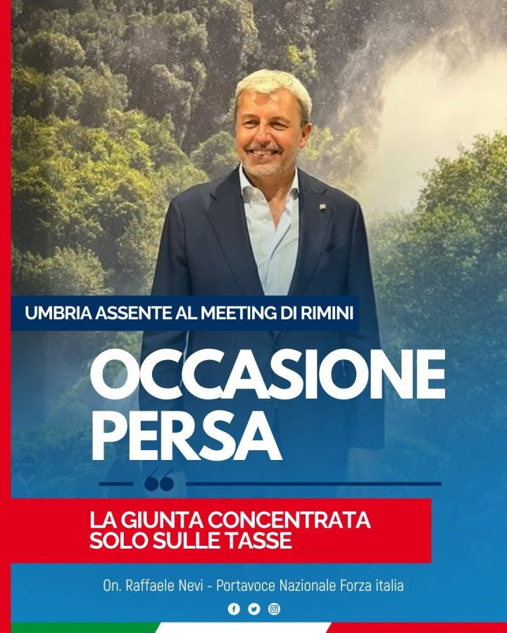 Immagine di Raffaele Nevi con sfondo naturale, che commenta l'assenza della Regione Umbria al Meeting di Rimini, evidenziando l'opportunità persa per promuovere la regione.