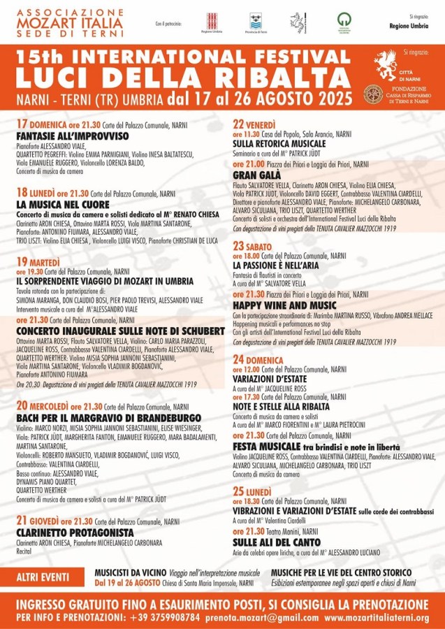 Locandina del 15° International Festival Luci della Ribalta a Narni, con programma degli eventi e concerti dal 17 al 26 agosto 2025.