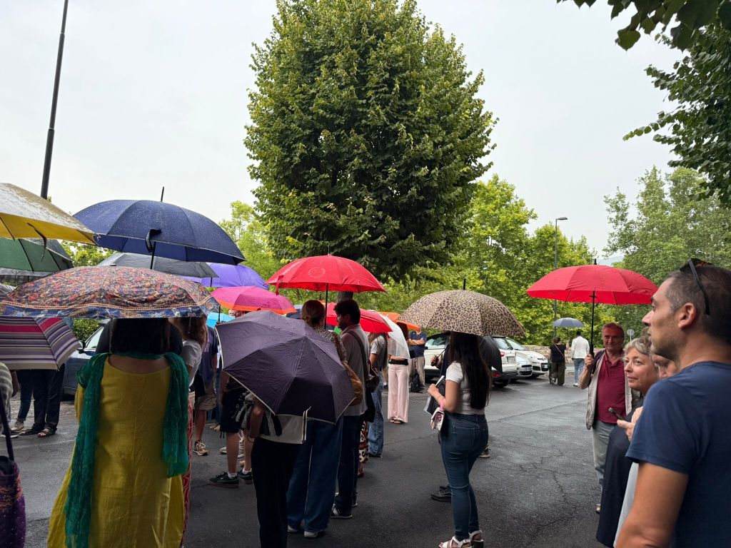 A crowd of people holding colorful umbrellas in a rainy street, with trees in the background.