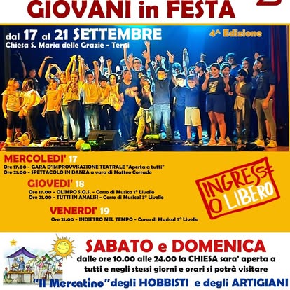 Locandina dell'evento 'Giovani in festa' che si svolgerà dal 17 al 21 settembre alla chiesa di Santa Maria delle Grazie a Terni, con dettagli sulla programmazione di spettacoli, corsi di musica e musical.