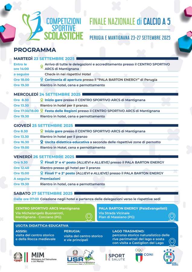 Programma delle finali nazionali di calcio a 5 scolastico, con date e orari delle diverse attività, incluse cerimonie e partite.