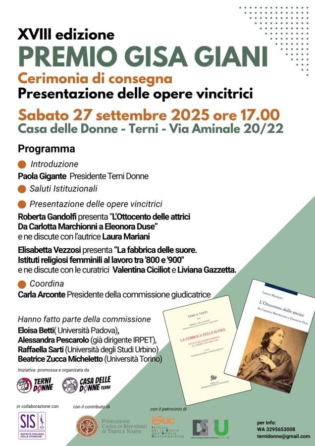 Manifesto dell'evento Premio Gisa Giani, contenente dettagli sulla cerimonia di premiazione, il programma, le opere vincitrici e i membri della commissione con le loro affiliazioni.