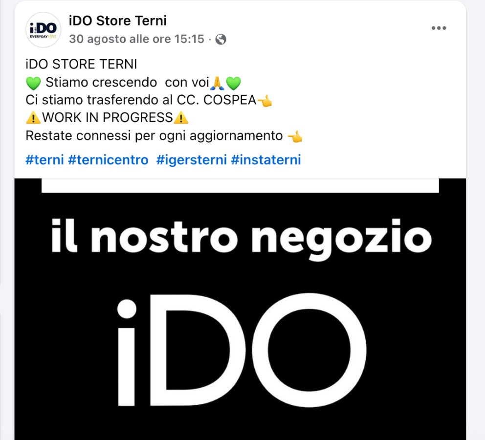 Post announcing the relocation of iDO Store Terni to CC. COSPEA, mentioning it's a work in progress and encouraging followers to stay updated.