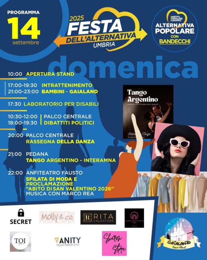 Manifesto dell'evento Festa dell'Alternativa Popolare Umbria del 14 settembre 2025, con programma dettagliato delle attività per la giornata.