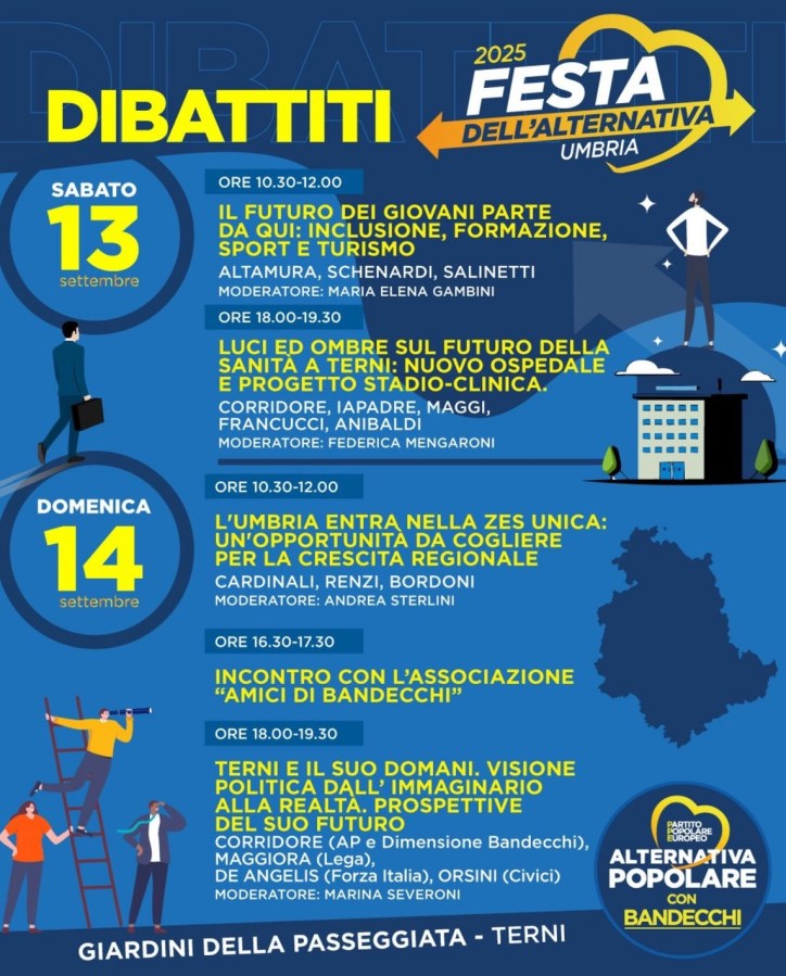 Manifesto informativo per la Festa dell'Alternativa Umbria 2025, evidenziando dibattiti e date dei vari eventi programmati per il 13 e 14 settembre.