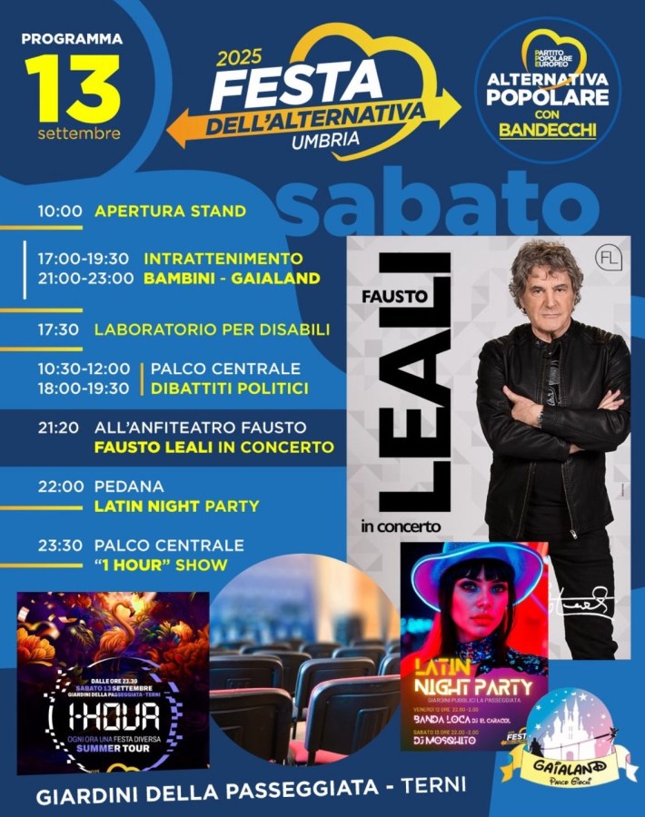 Programma della festa dell'Alternativa Popolare Umbria con eventi politici, musicali e di intrattenimento, evidenziando Fausto Leali in concerto e il Latin Night Party.