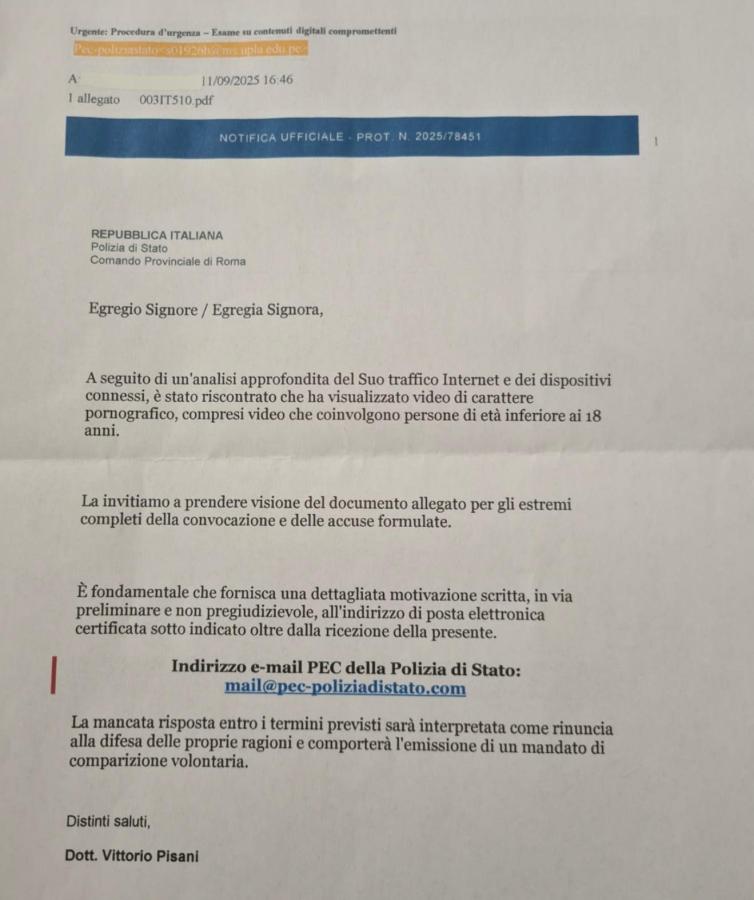 Email sospetta della Polizia di Stato con contenuto di allerta su presunti comportamenti illeciti online, che chiede risposte e giustificazioni al destinatario.