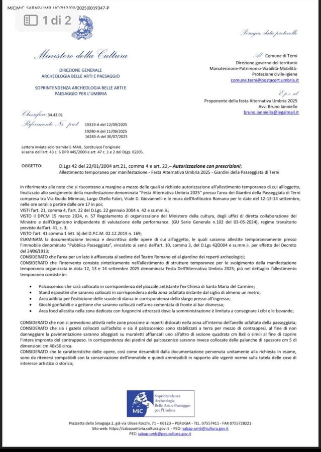 Lettera ufficiale del Ministero della Cultura riguardante le autorizzazioni per la festa Alternativa Umbria 2025 a Terni.