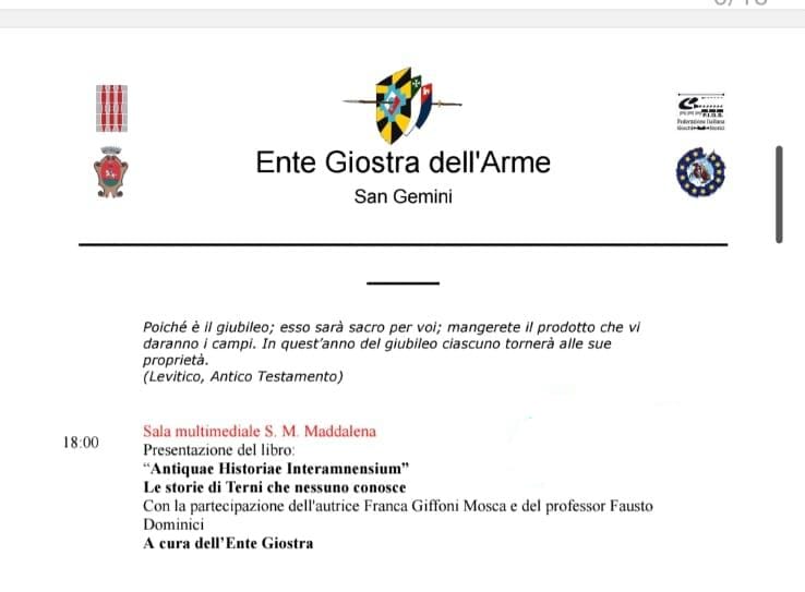 Volantino della presentazione del libro 'Antiquae Historiae Interamnensium', con dettagli sull'evento presso la Sala Multimediale di Santa Maria Maddalena a San Gemini.