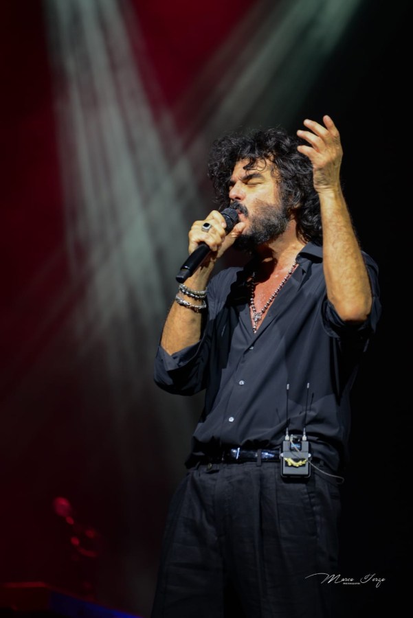 Un cantante sul palco durante un concerto, mentre esprime emozioni con il microfono in mano e il pubblico in attesa.