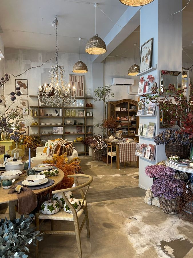 Interno di un negozio di decorazioni per la casa, con tavolo apparecchiato, elementi d'arredo e piante secche, in un ambiente luminoso e accogliente.