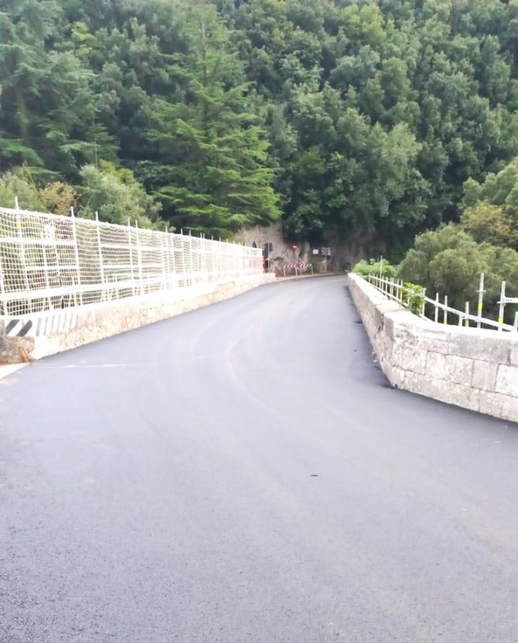 Strada asfaltata che attraversa il Ponte della Para ad Amelia, con vegetazione fitta sullo sfondo.
