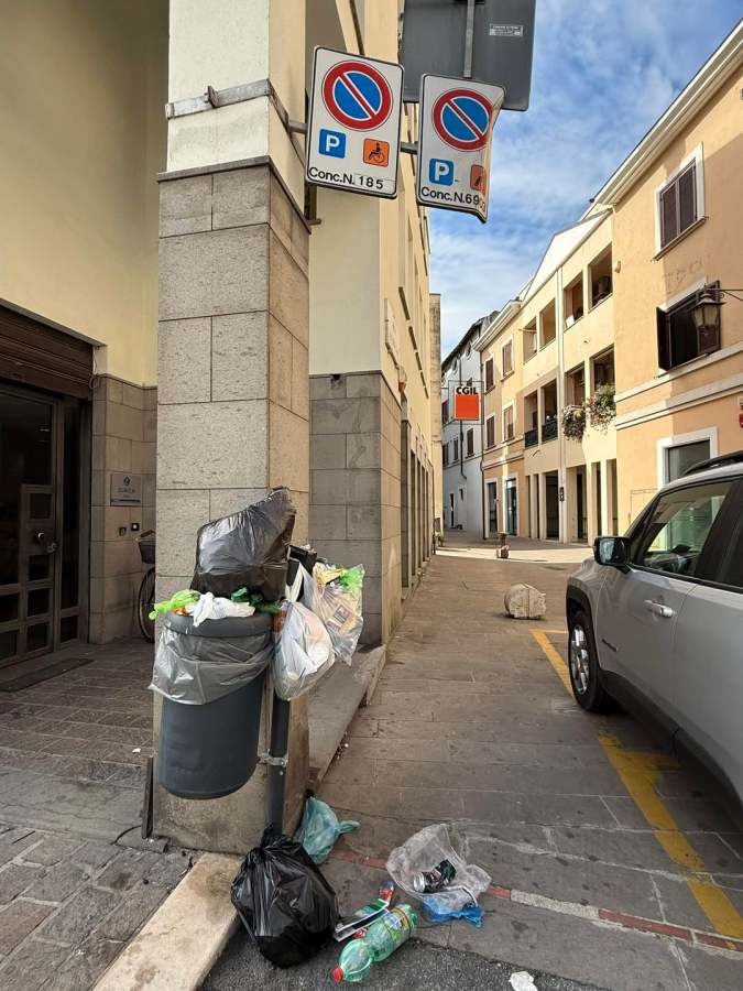 Garbage overflowing from a public bin beside a street with parked cars and traffic signs in the background.
