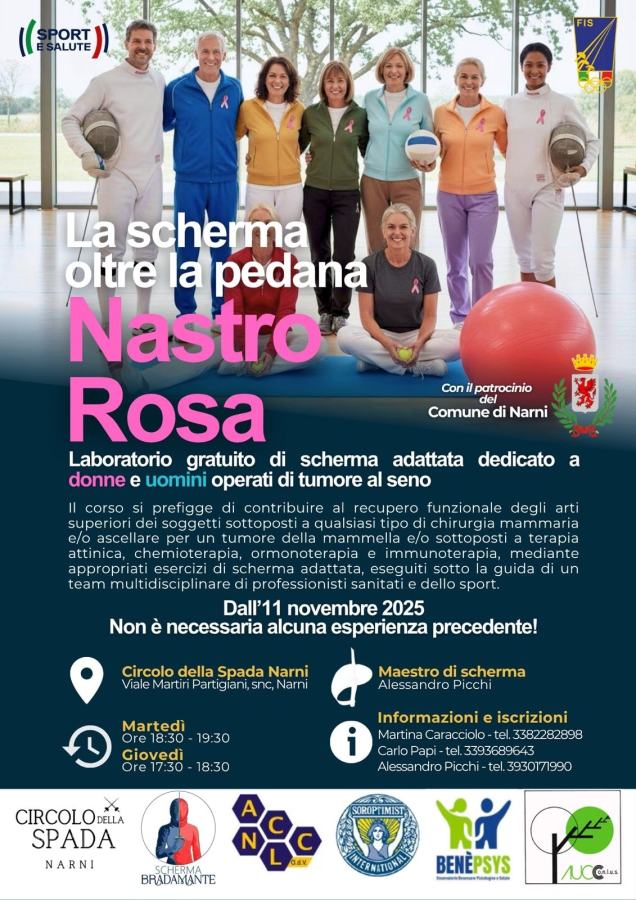 Poster for the 'Nastro Rosa' event promoting a free adapted fencing workshop for breast cancer survivors, featuring a diverse group of participants and the fencing master Alessandro Picchi.