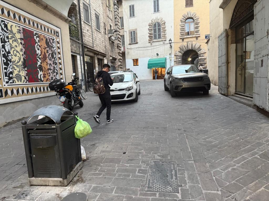 A narrow cobblestone street featuring a wall with decorative artwork, parked cars, a motorcycle, and a pedestrian walking by a trash bin.