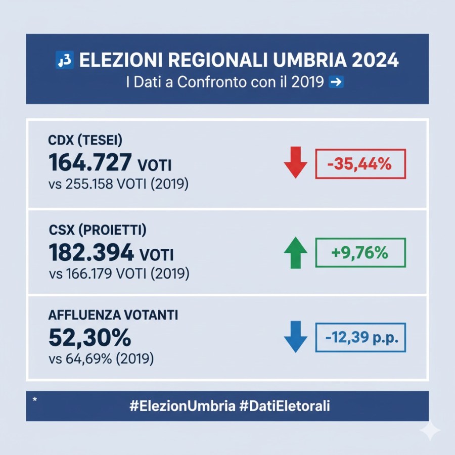 Infografica sui risultati delle elezioni regionali in Umbria nel 2024, confrontati con quelli del 2019. Mostra i voti per il centrodestra (CDX) e il centrosinistra (CSX), con rispettivi decrementi e aumenti percentuali, e l'affluenza dei votanti.
