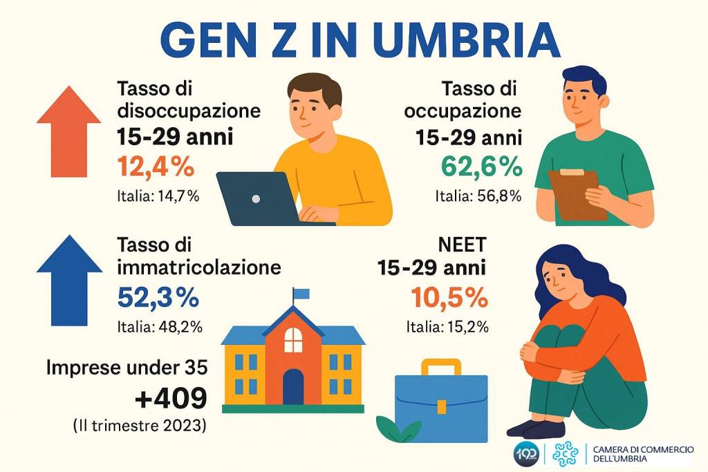Infografica sulla Generazione Z in Umbria con dati economici e occupazionali, inclusi tassi di disoccupazione, immatricolazione e giovani imprenditori.