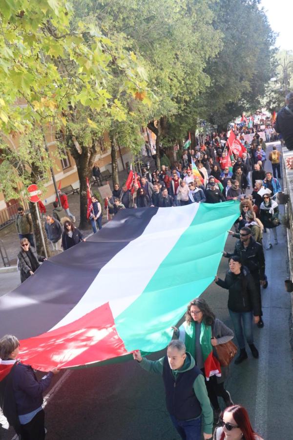 Manifestazione con un grande striscione della bandiera palestinese, con i manifestanti che procedono nel centro di Perugia, circondati da alberi e bandiere.