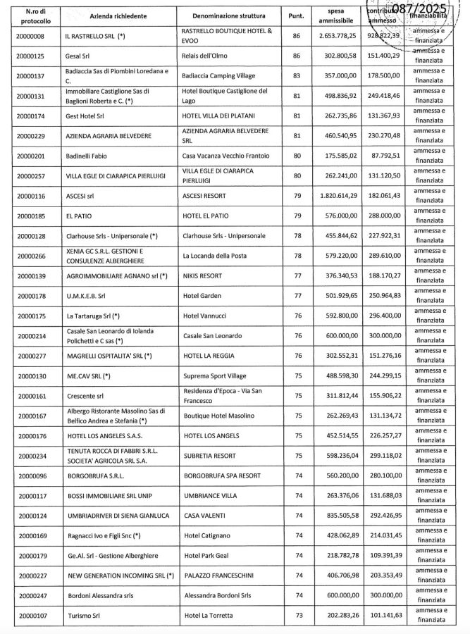 A table listing various hotels and structures in Perugia, detailing their names, points, and admissible expenses.