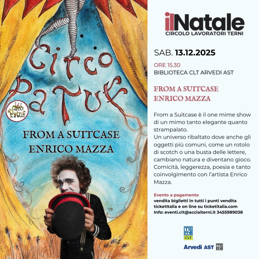 A colorful poster for a mime show titled 'From a Suitcase' featuring Enrico Mazza, showcasing a whimsical clown holding a hat, with artistic illustrations and event details.