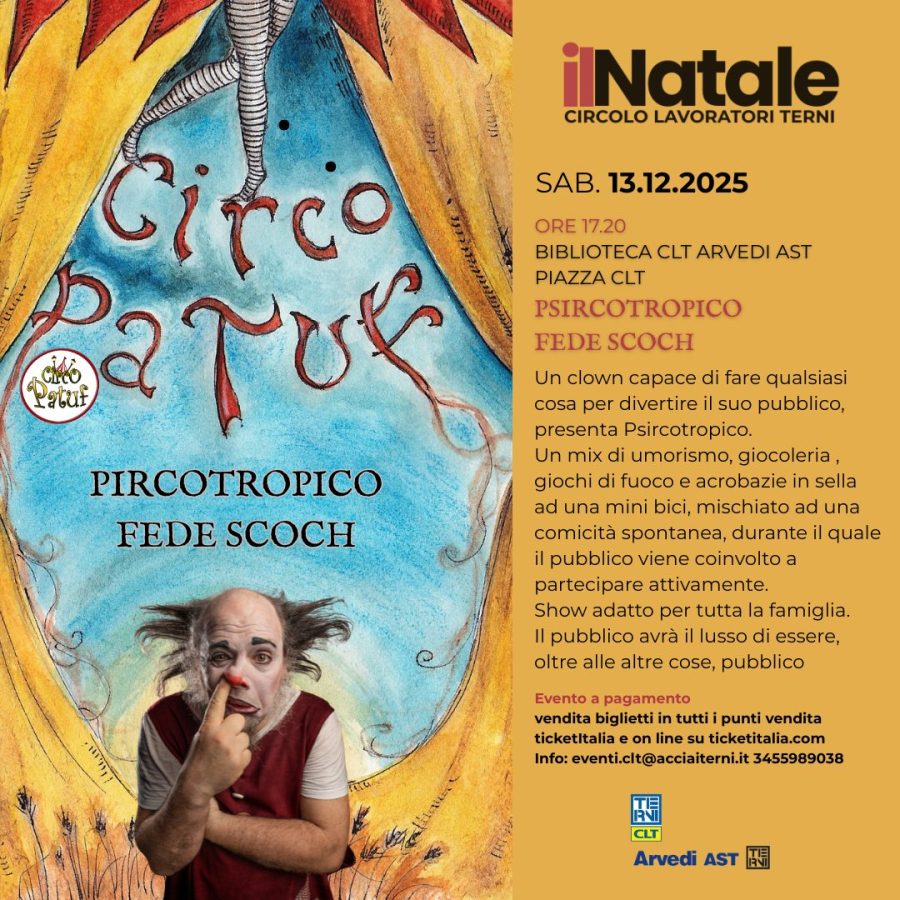 Poster for a circus event titled 'Circo Patuk' featuring clown Fede Scoch, showcasing a colorful design with whimsical illustrations and event details.