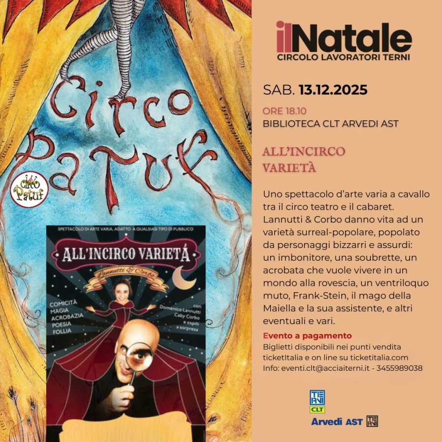 Poster for a performance titled 'ALL'INCRICO VARIETÀ,' featuring colorful circus-themed artwork and details about the event including date, time, and location.