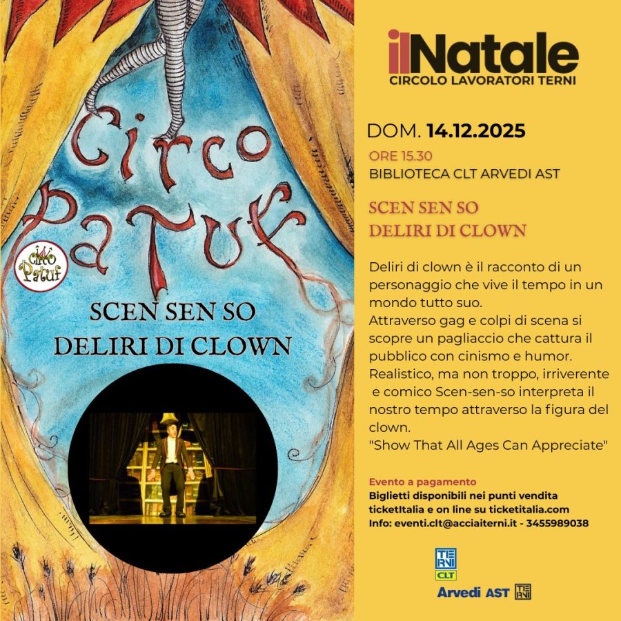 Poster for a circus event titled 'Circo Patuf' featuring a clown theme, with colorful illustrations and event details including date, time, and location.