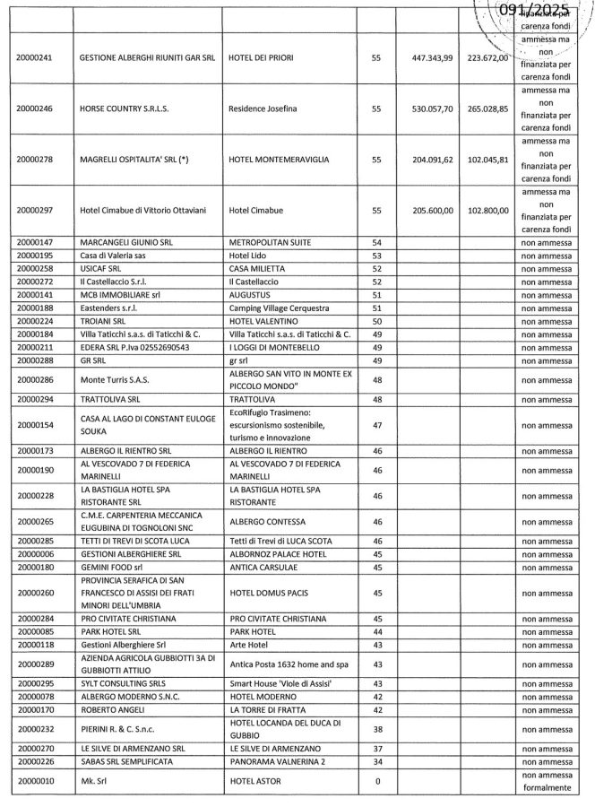 A detailed table listing various hotels in Perugia, including their names, ratings, and financial information.