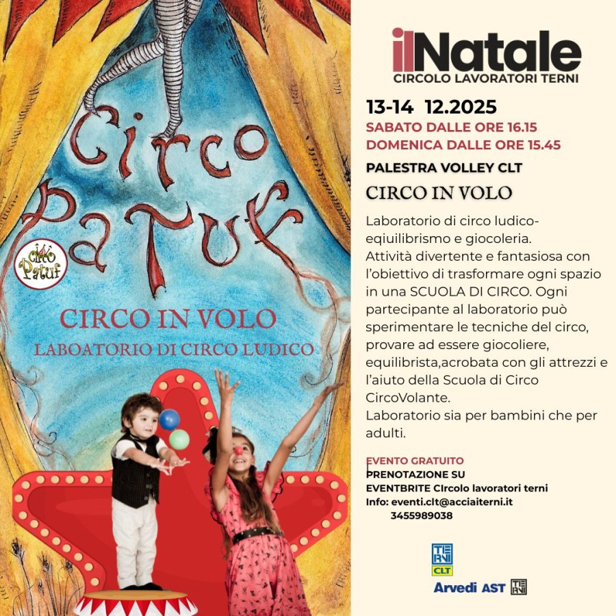 Poster for 'Circo Patuf', featuring a colorful circus theme with children performing circus activities. Text includes event details like date and time, and describes it as a fun circus workshop for kids and adults.