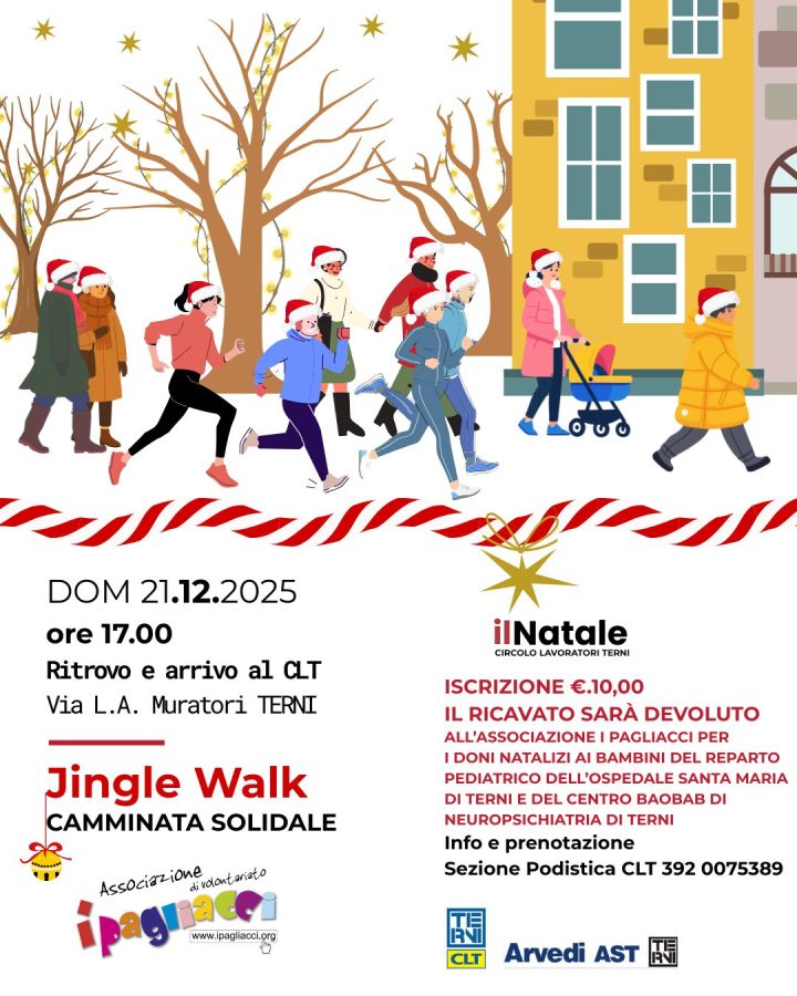 Illustration of a festive Jingle Walk event in a winter setting with people wearing Santa hats, trees adorned with lights, and a building in the background. The event details and information about charity participation are included.