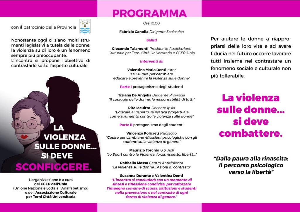 Volantino per l'evento "Voci che non tacciano", incentrato sulla lotta contro la violenza sulle donne, con dettagli sul programma e i relatori.