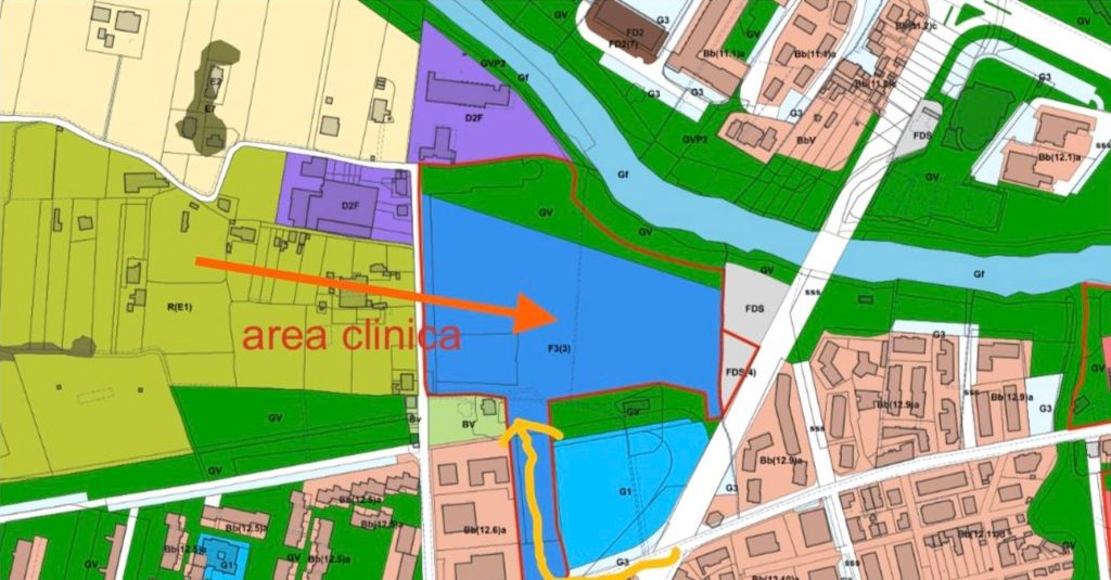 Mappa della zona di Terni con evidenziata l'area destinata alla clinica, in blu, e altre aree circostanti.