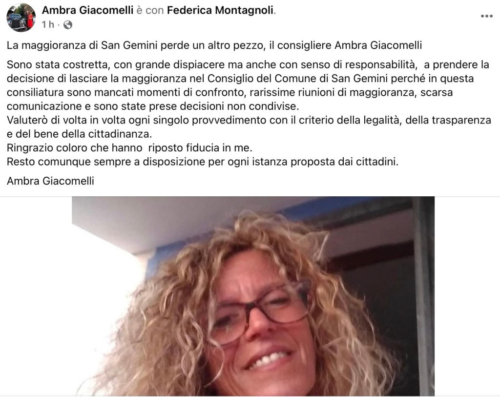 Immagine di Ambra Giacomelli che esprime il suo dispiacere per aver lasciato la maggioranza nel Consiglio del Comune di San Gemini, condividendo le sue motivazioni in un post sui social.