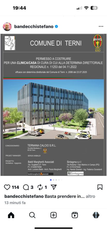 Progetto per la costruzione di una clinica a Terni, con dettagli sul permesso e i soggetti coinvolti.