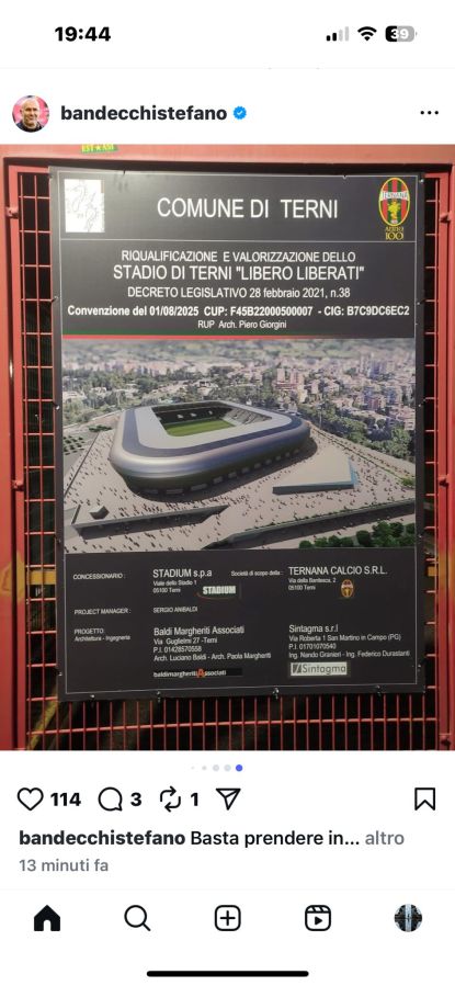 Insegna del Comune di Terni riguardante la riqualificazione e valorizzazione dello stadio 'Libero Liberati' con dettagli sul progetto.