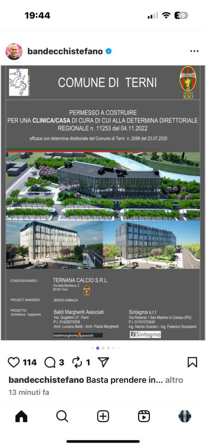 Un permesso di costruzione per una clinica privata a Terni, con un rendering dell'edificio e informazioni sul progetto e i progettisti.