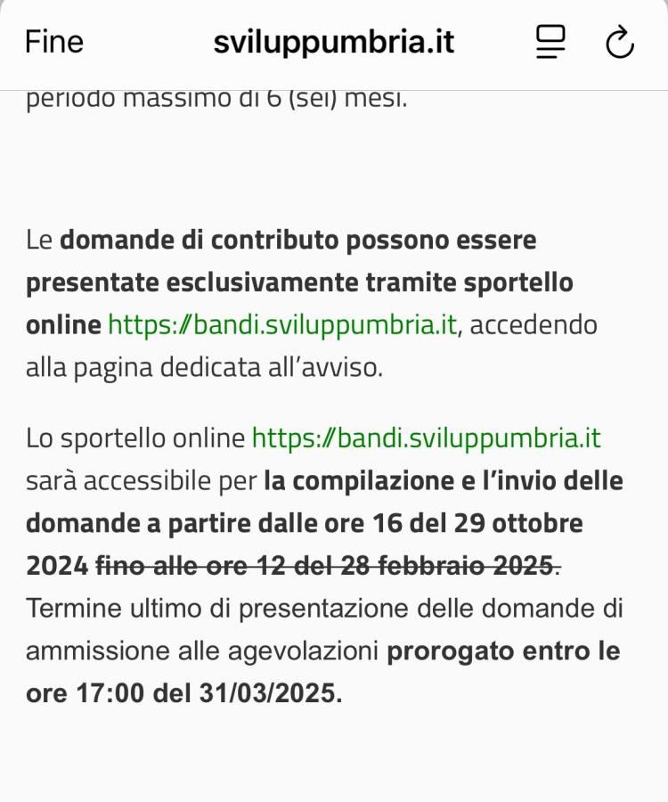 Screenshot del sito sviluppumbria.it che fornisce informazioni sulle domande di contributo e scadenze relative.