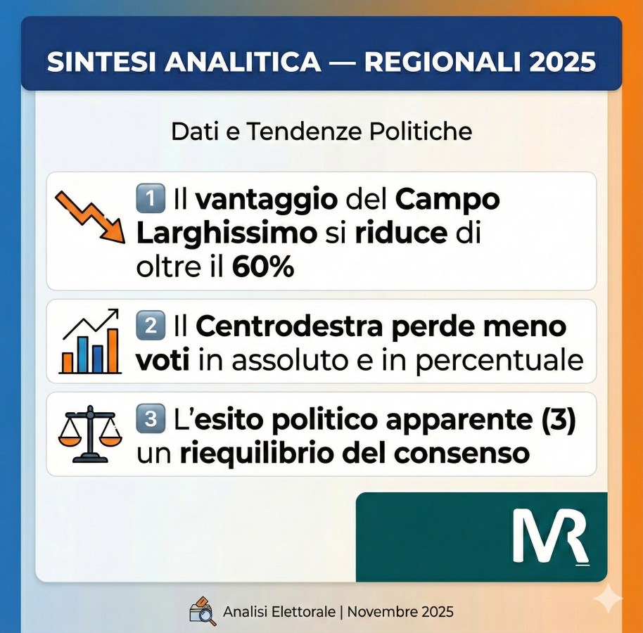 Infografica che presenta un'analisi dei risultati elettorali delle regionali 2025, evidenziando il vantaggio ridotto del Campo Larghissimo, la perdita di voti del Centrodestra e un apparente riequilibrio del consenso.