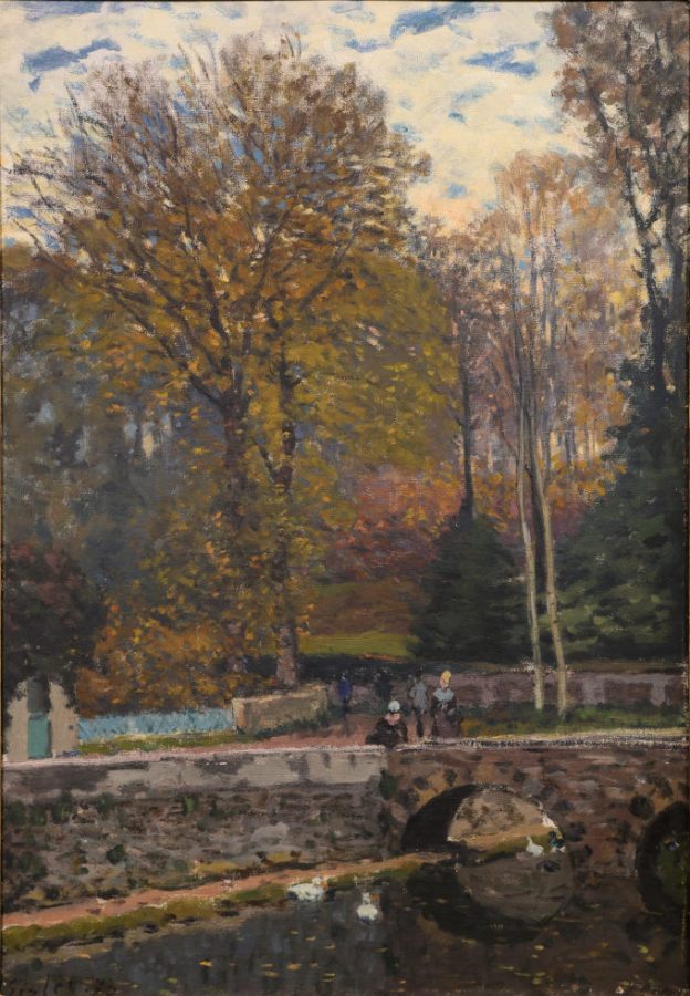 A peaceful autumn scene depicting a stone bridge over a reflective pond, surrounded by colorful trees with fall foliage. People are walking along paths, enjoying the serene landscape.