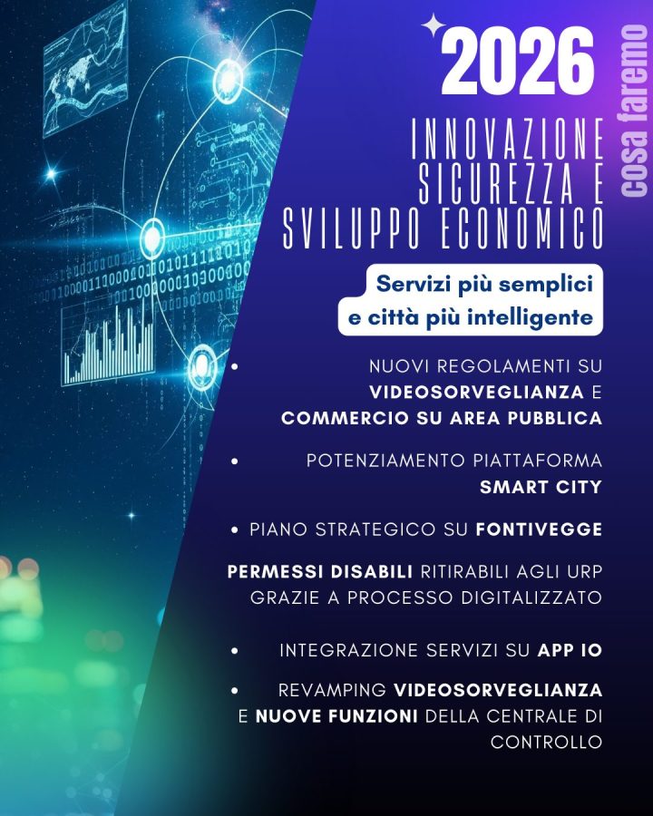Poster informativo per il 2026 riguardante innovazione, sicurezza e sviluppo economico, con dettagli su nuovi regolamenti e piani strategici.