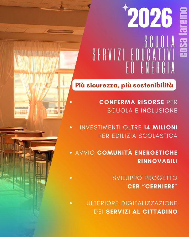 Manifesto per la scuola e servizi educativi del 2026, evidenziando temi di sicurezza e sostenibilità con un elenco di investimenti e iniziative.