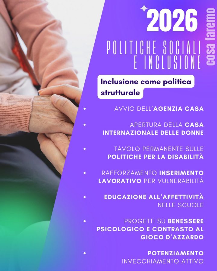 Poster for 2026 social policies and inclusion featuring hands joining together, with text outlining various initiatives like the opening of women's houses and education on emotional well-being.