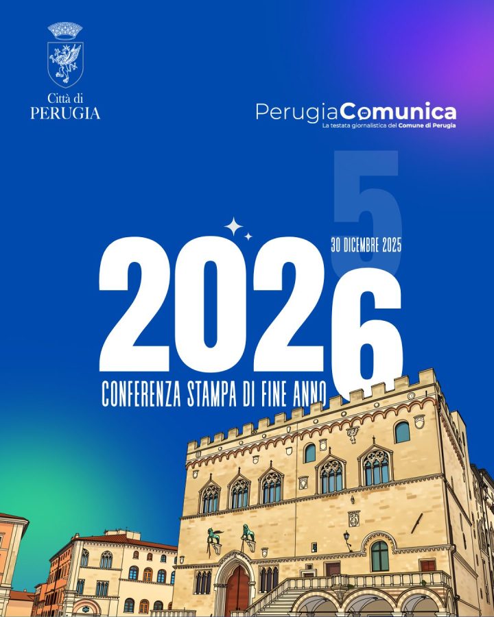 Poster for a press conference announcing the end of year events in Perugia, featuring the year 2026 and an illustration of the city's historic buildings.