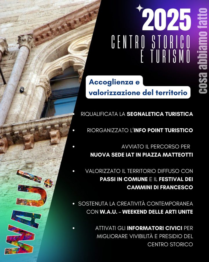 Poster for 2025 Centro Storico e Turismo initiative featuring historical architecture, details on tourism improvements, and creative activities.