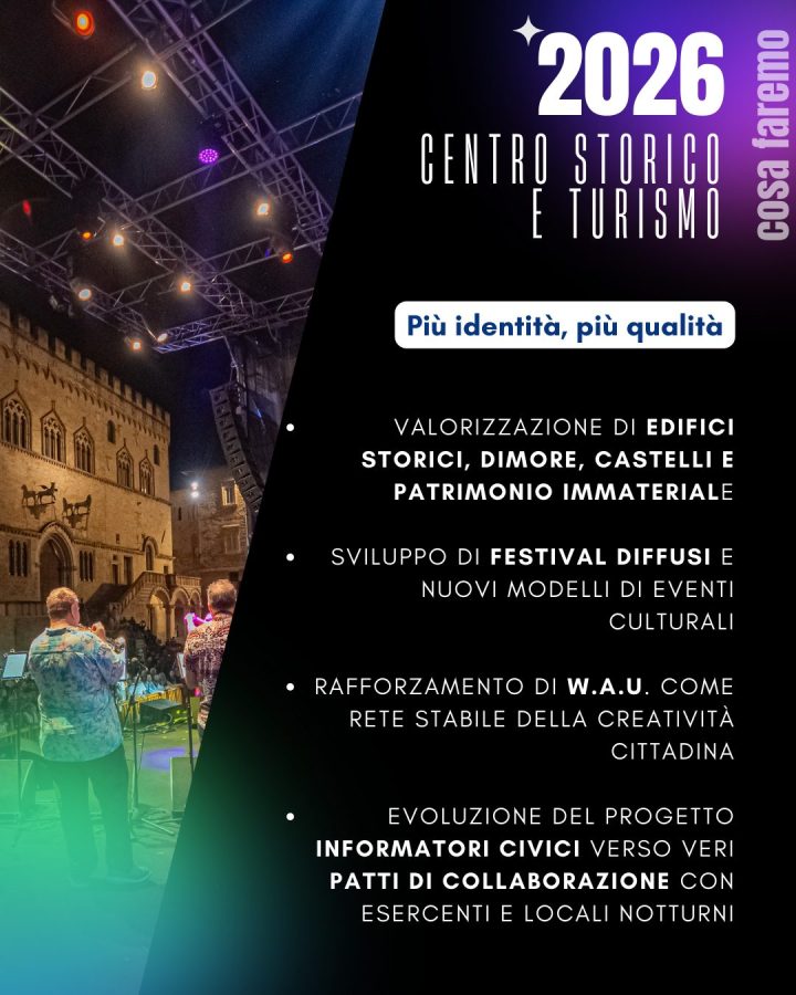 Stage performance in a historic setting featuring musicians, with illuminated buildings in the background.