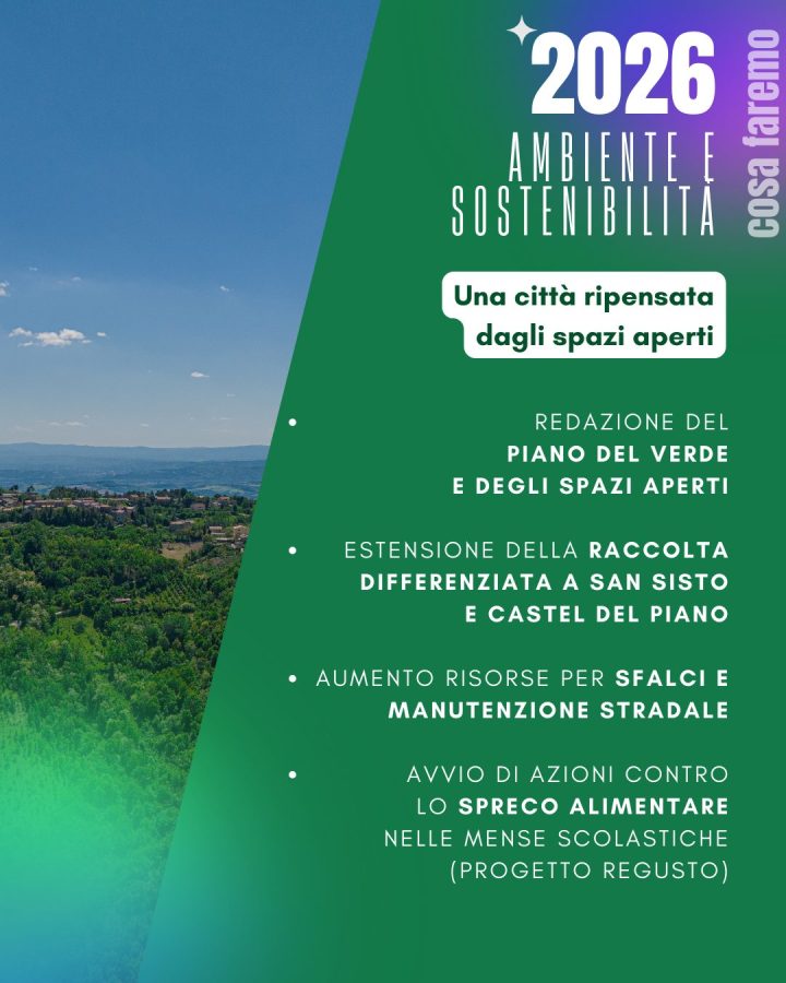 Image of a presentation slide for 2026 focusing on environment and sustainability, highlighting plans for green spaces, waste management improvements, and actions against food waste.