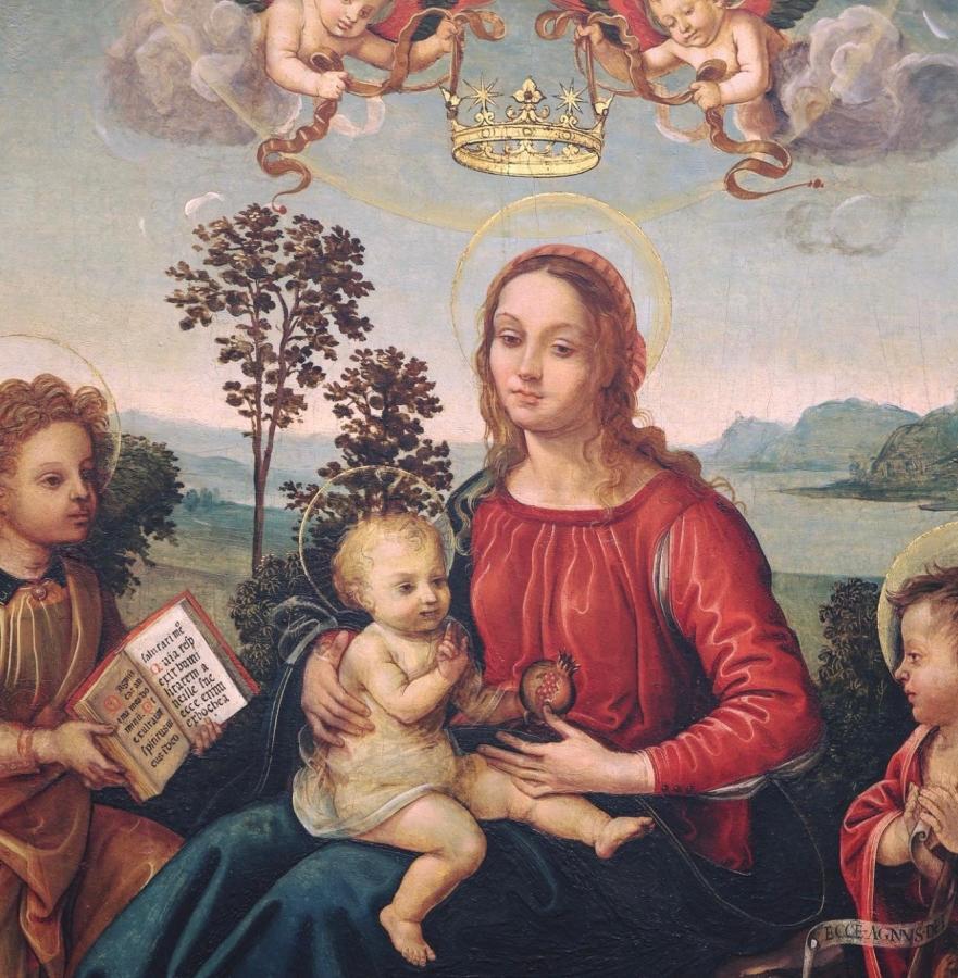 Painting of the Madonna and Child, with two angels and trees in the background.