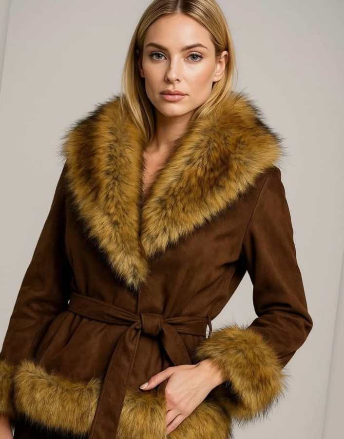 Modella indossa un cappotto marrone con rifiniture in pelliccia colorata, mentre posa con un'espressione elegante.